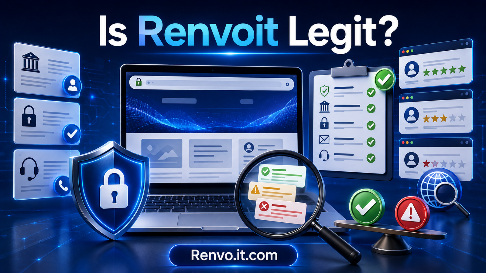 Renvoit legitimacy check showing website security, privacy, transparency, and credibility verification.