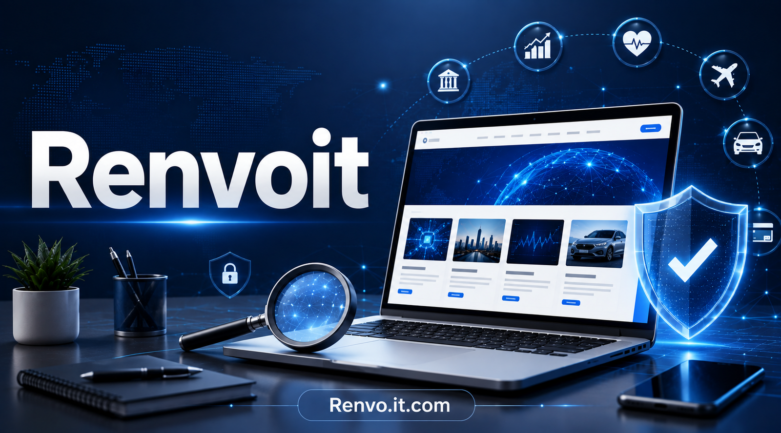 Renvoit website research and online safety concept with a laptop, magnifying glass, and security shield.